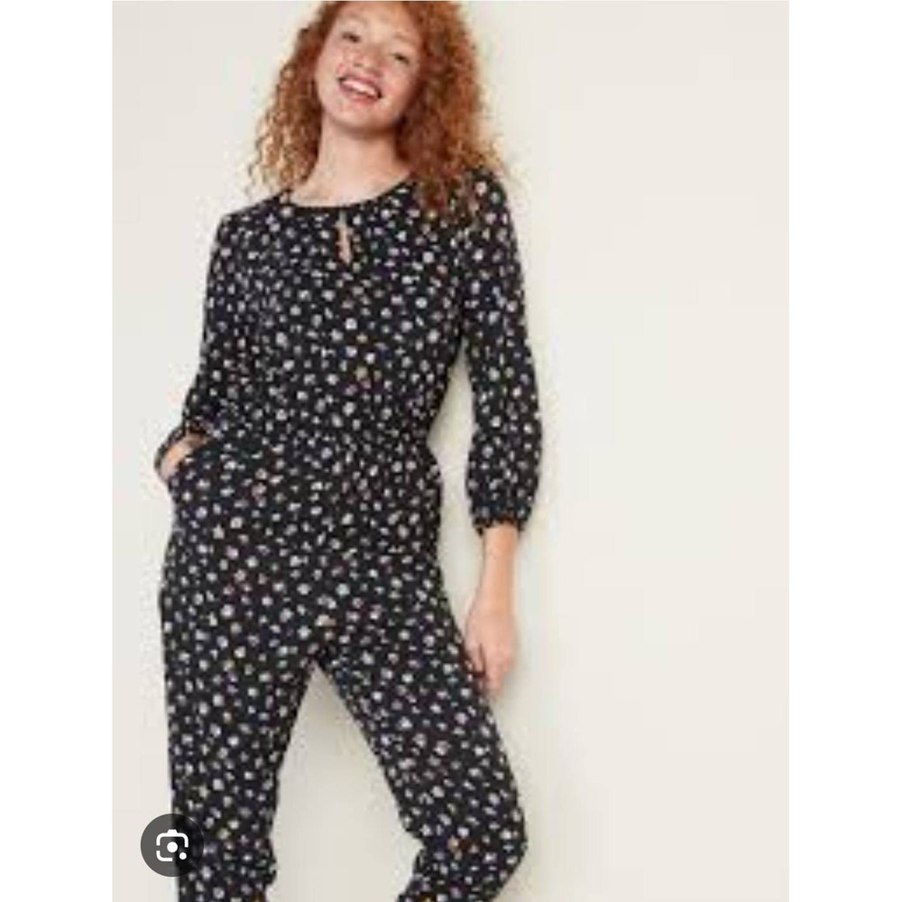 Old Navy Floral Print Jumpsuit Womens XL Long Sleeve Keyhole Back Zipper